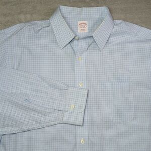 17.5 BROOKS BROTHERS Dress Shirt 17.5-33 Blue Check Non-Iron Executive-Prep 17.5